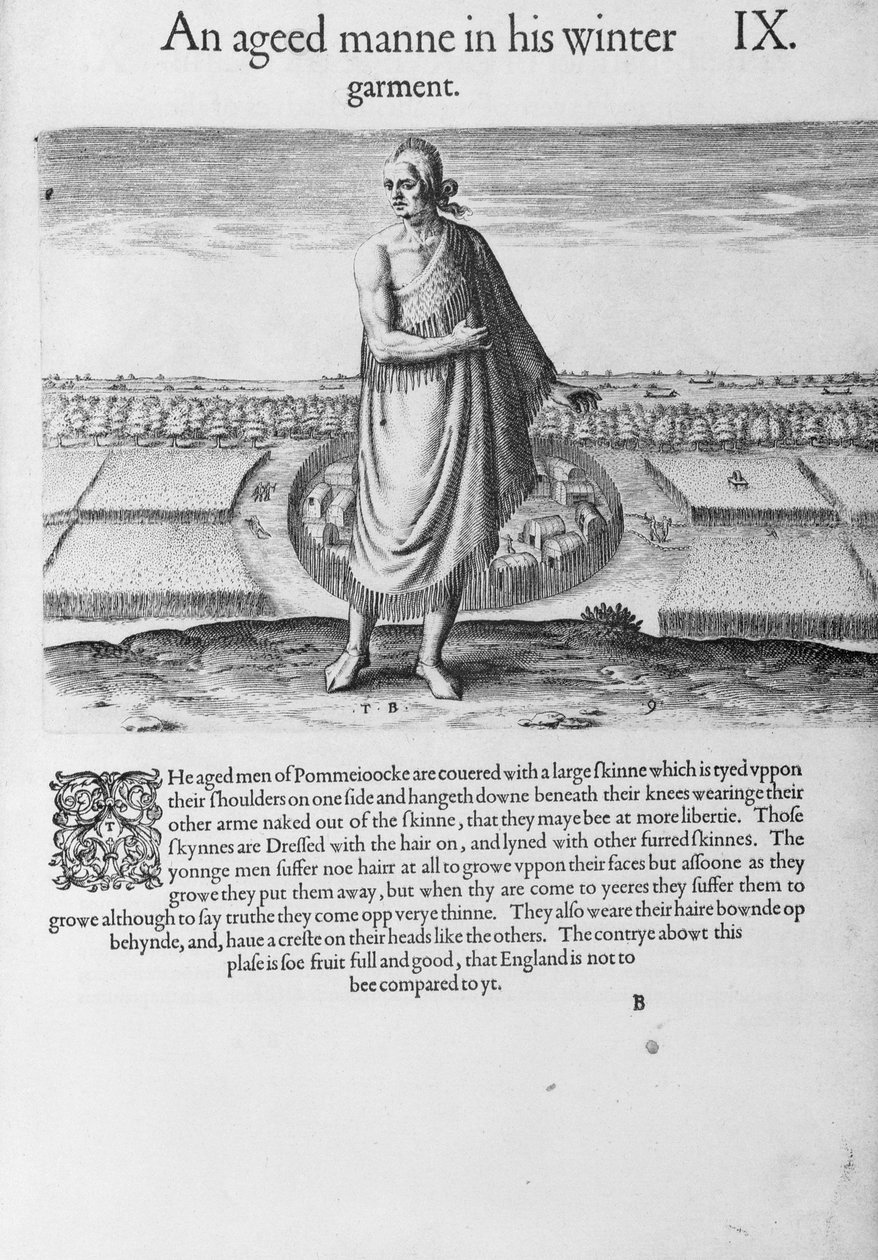 Gammal indisk man i hans vinterplagg, från "En kort och sann rapport om det nyfunna landet Virginia" av Thomas Harriot (1560-1621) graverad av puben Theodore de Bry (1528-1598). år 1590 av John White