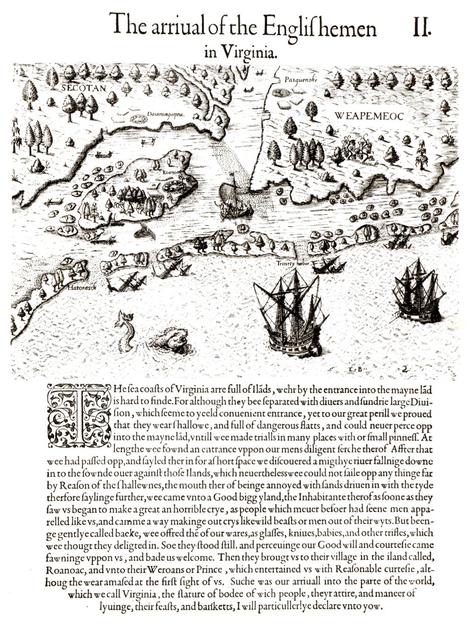 Engelsmännens ankomst till Virginia, tallrik från "En kort och sann rapport om det nyfunna landet Virginia" av Thomas Harriot (1560-1621) graverad av Theodore de Bry, pub. 1590 (bundw av John White