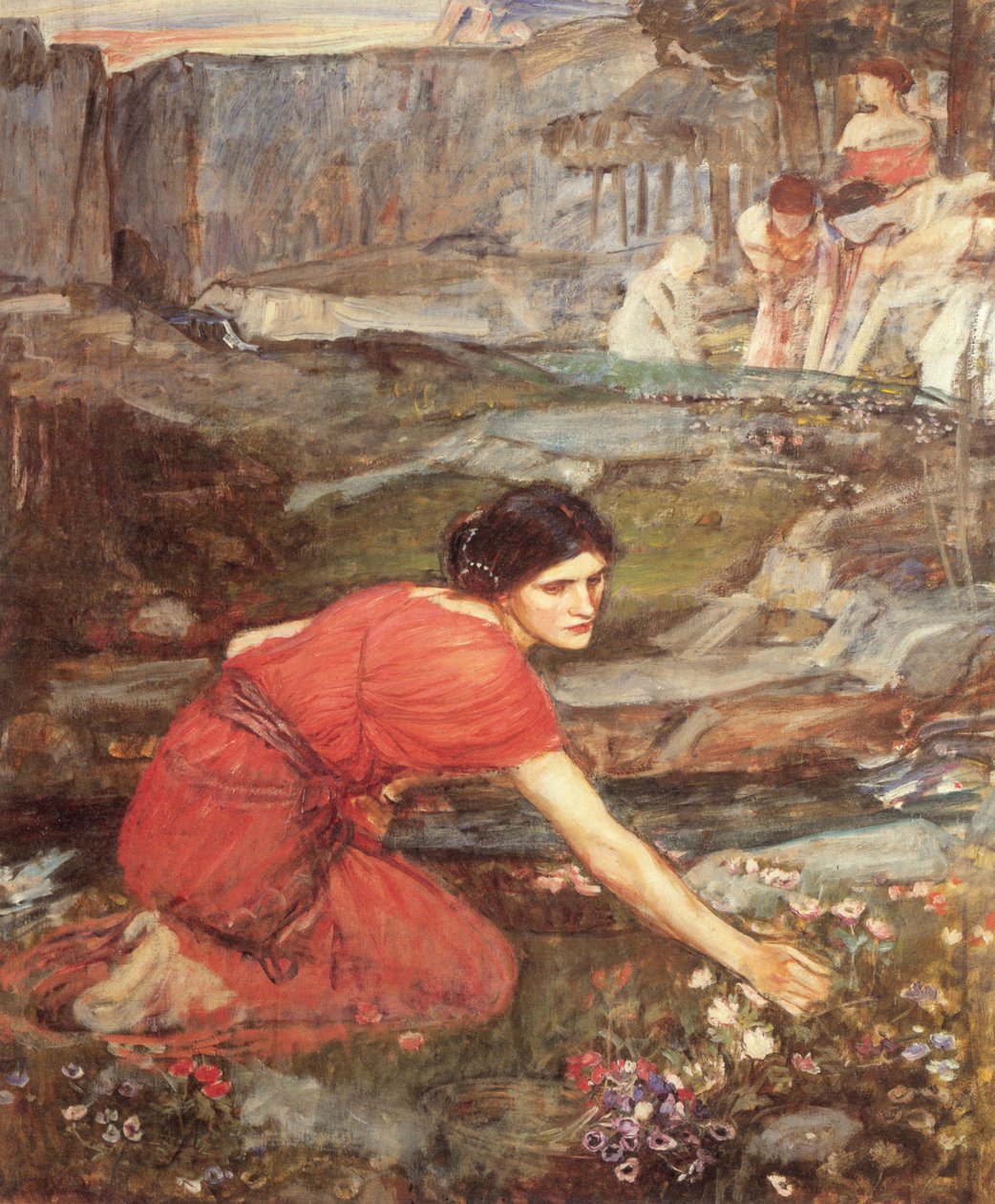 Maidens picking Flowers by a Stream  av John William Waterhouse