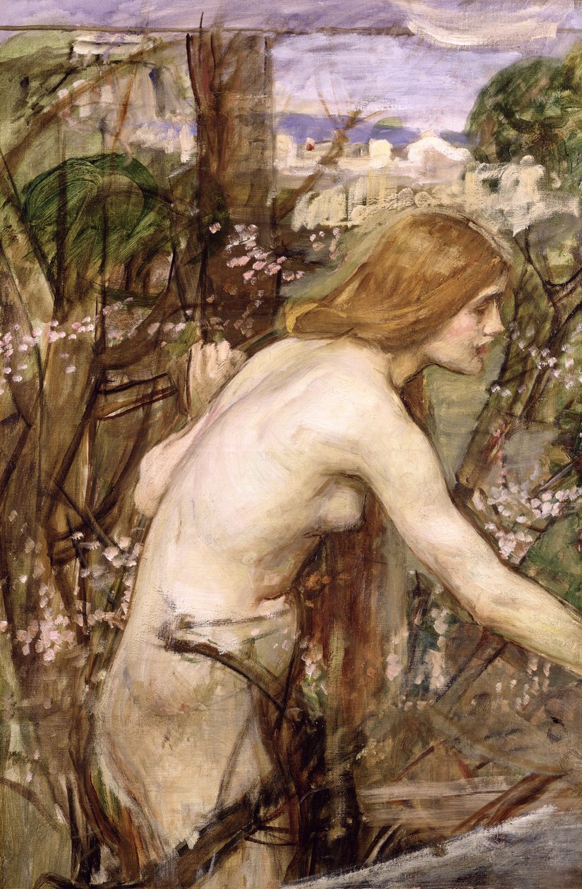 Blomsterplockaren (olja på duk nedlagd ombord) av John William Waterhouse