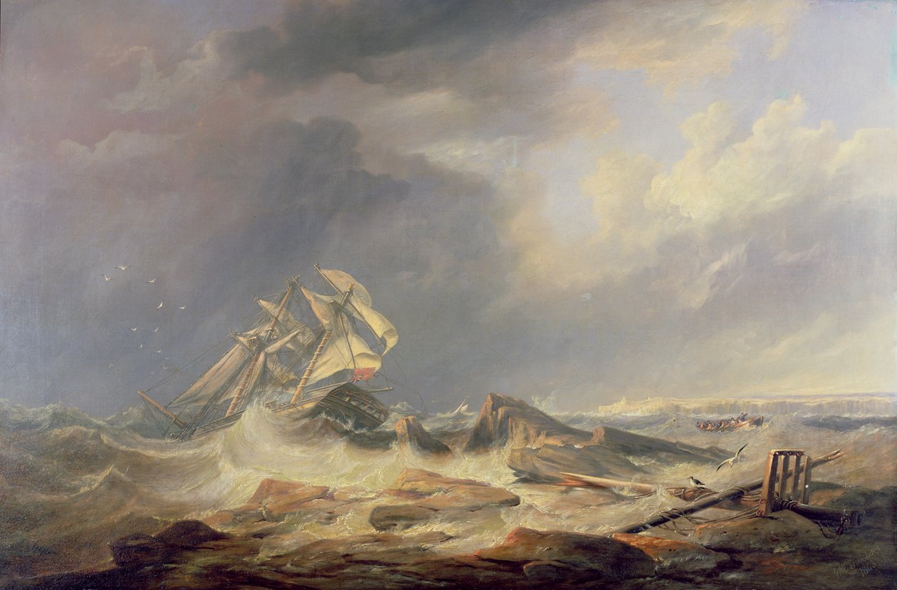 En skonare som körs mot stenar av John Wilson Carmichael