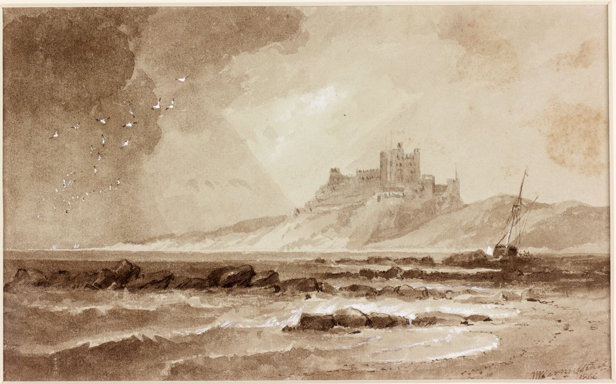 Bamburgh Castle från norr (bläck (sepia) på papper) av John Wilson Carmichael