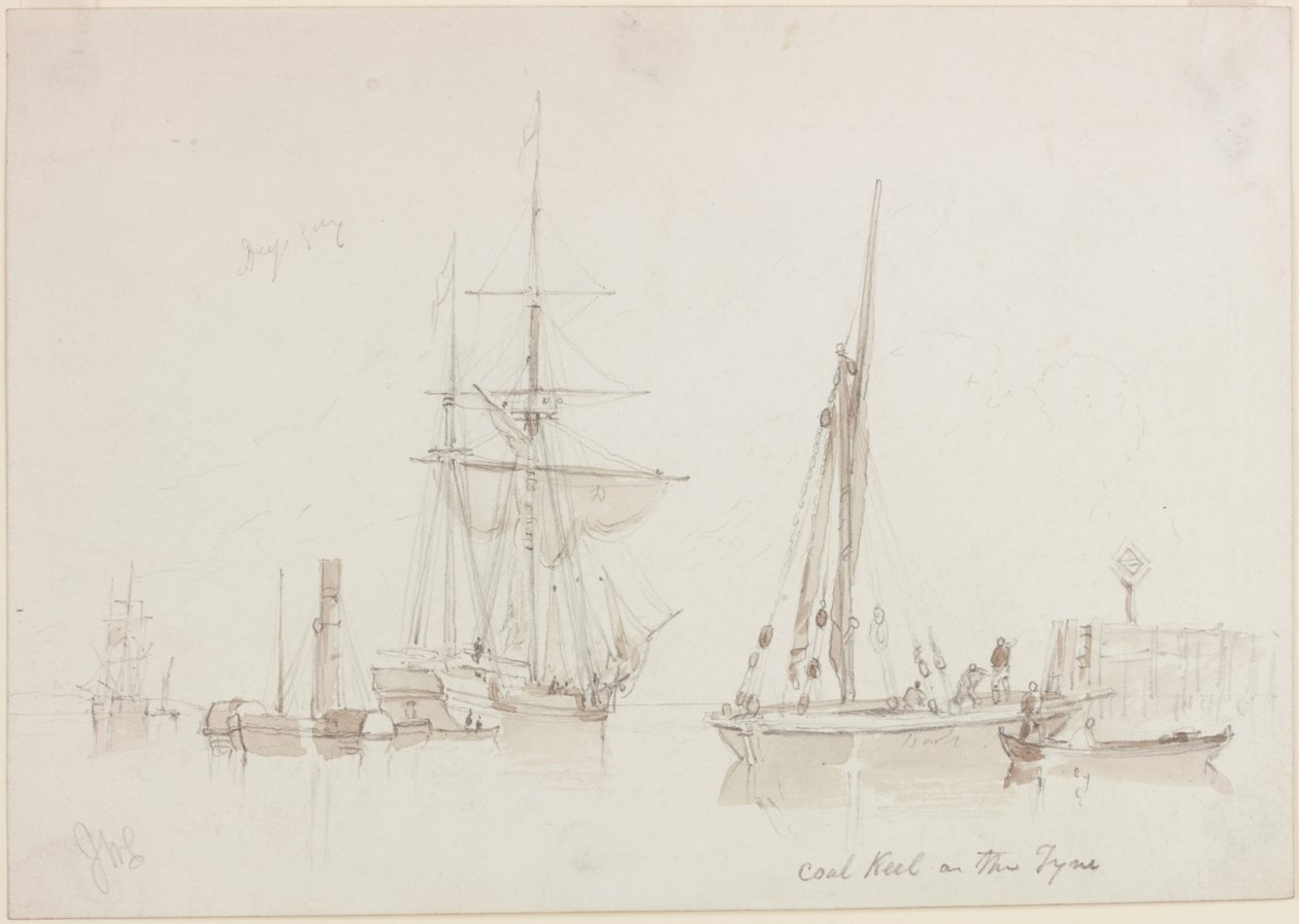 Coal Keel on the Tyne (penna och akvarell (monokrom) på papper (grädde)) av John Wilson Carmichael