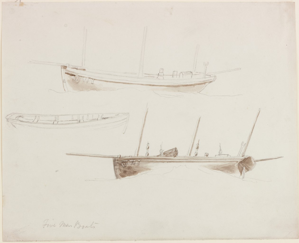 Five Men Boats (penna och akvarell (monokrom) på papper) av John Wilson Carmichael