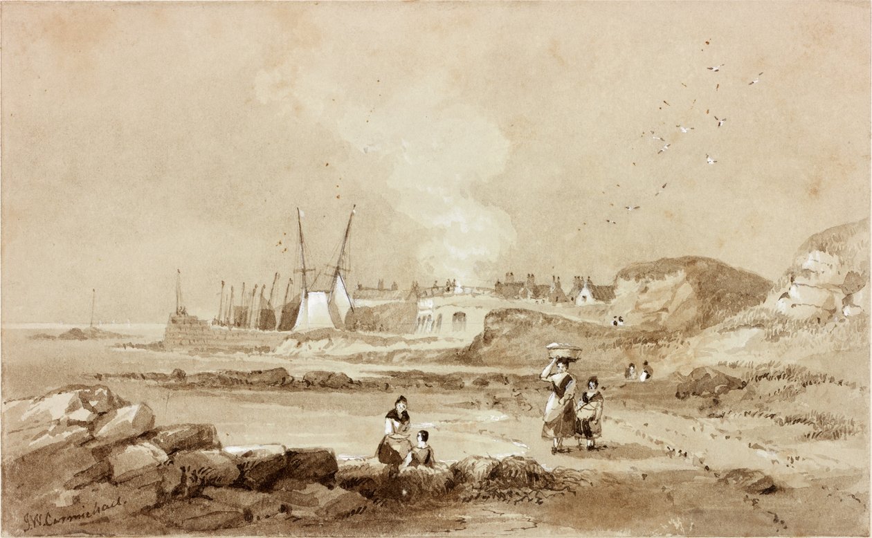 North Sunderland, Northumberland (bläck (sepia) på papper) av John Wilson Carmichael
