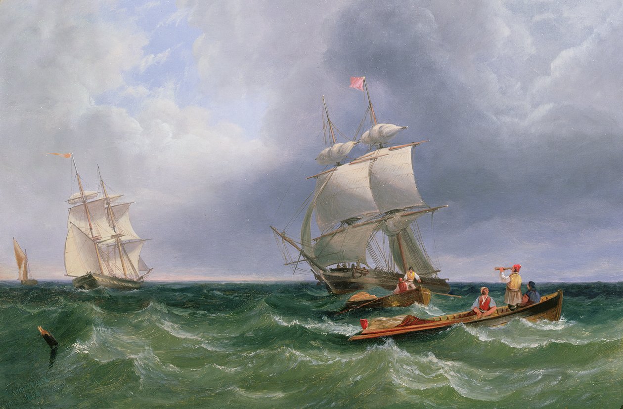 Strandpartier går i land, brigar i en dyning bortom av John Wilson Carmichael
