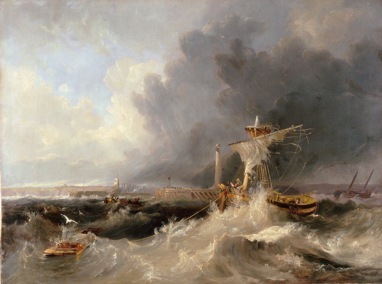 Sunderland Old Pier and Lighthouse med Ryhope Church på avstånd, 1840 av John Wilson Carmichael