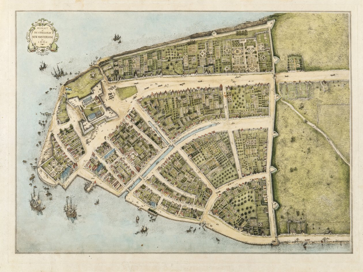 Ny version av Castelloplanen i New Amsterdam som den såg ut 1660, 1916 (färgtvätt på papper) av John Wolcott Adams