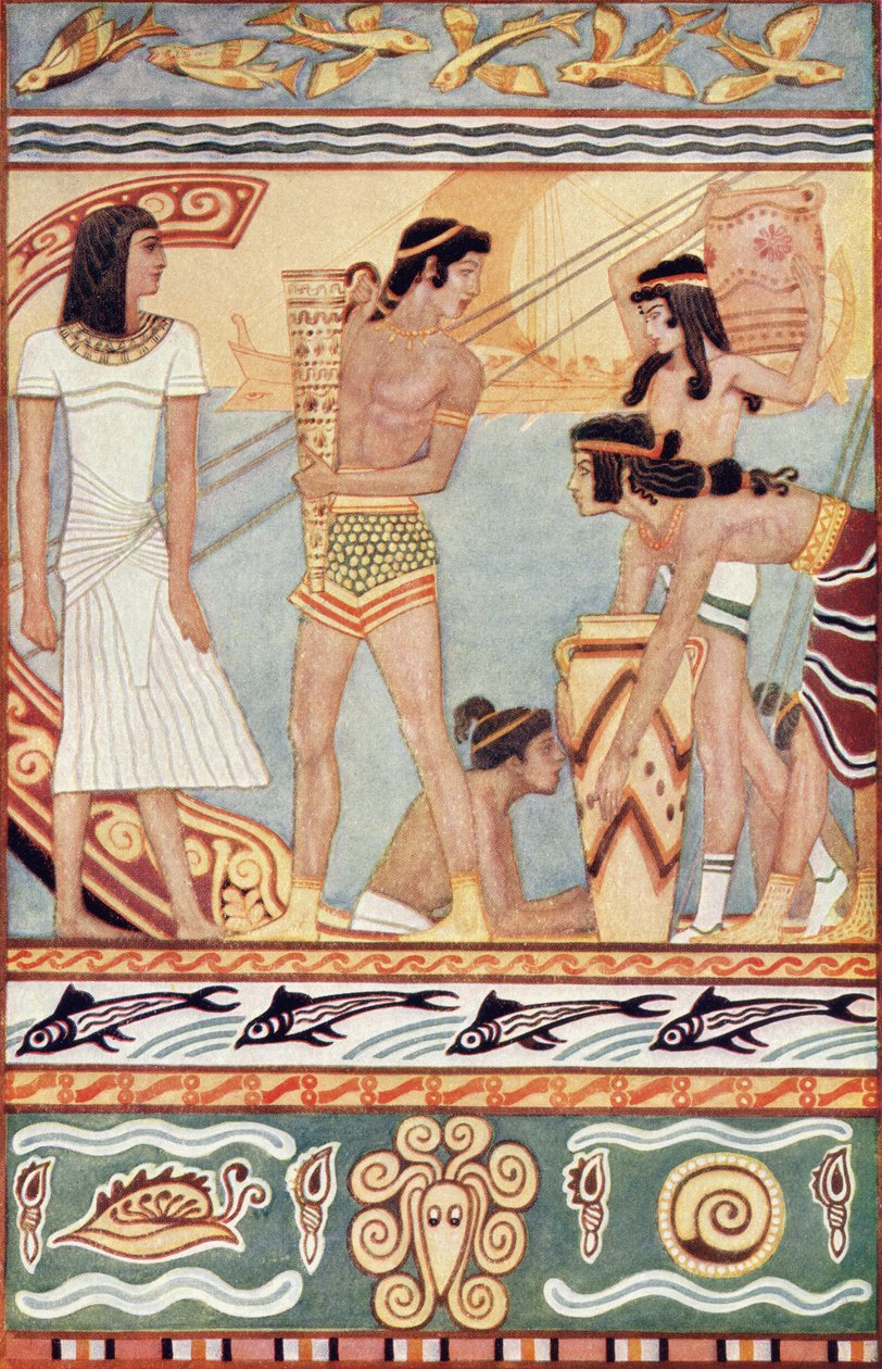 Handlare från Kreta, illustration från "Myths of Crete and Pre-Helenic Europe" av Donald A. Mackenzie, publicerad 1917 av after John Duncan