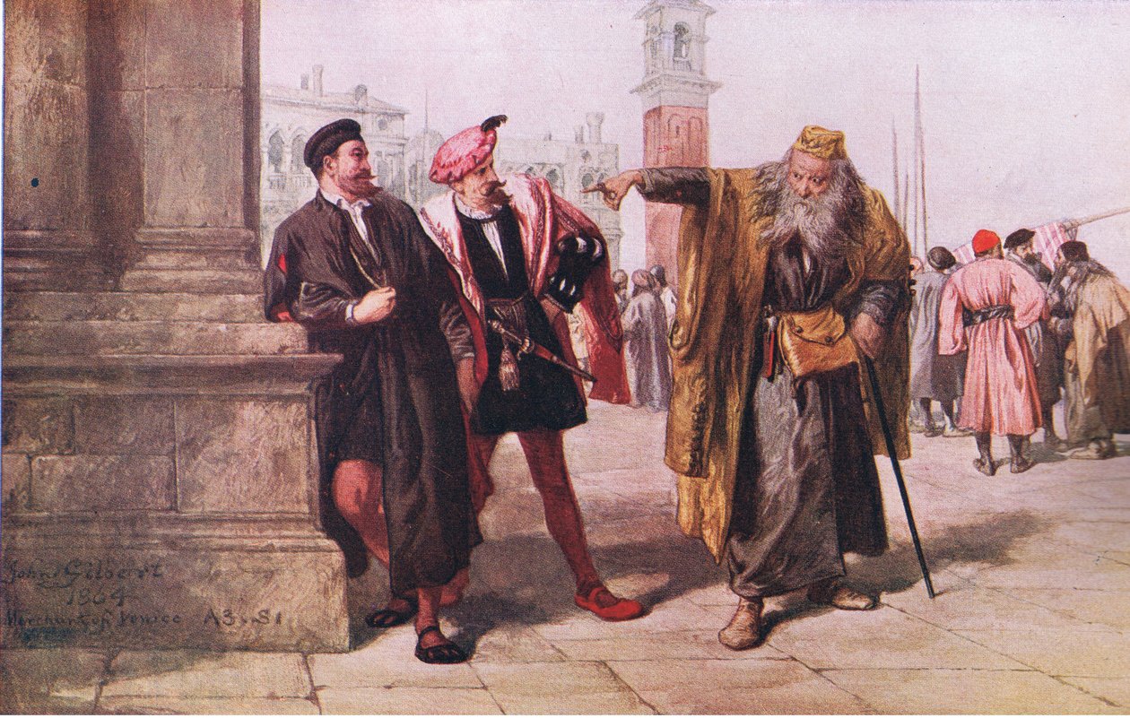 Shylocks svar på Salanio och Salarino, Newnes Pictorial Knowledge Volume 7, 1950-talet av John after Gilbert