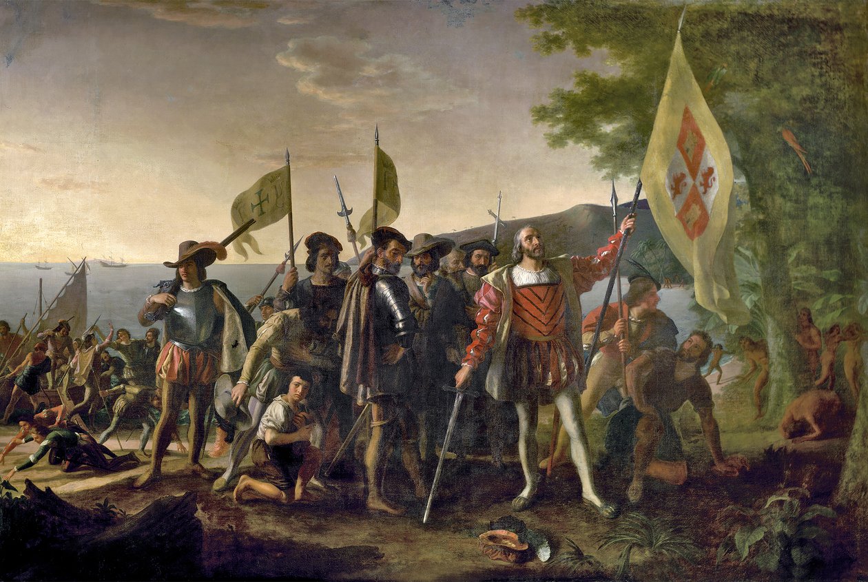 Christopher Columbus landar i San Salvador, Bahamas den 12 oktober 1492, pub. 1825 av John after Vanderlyn