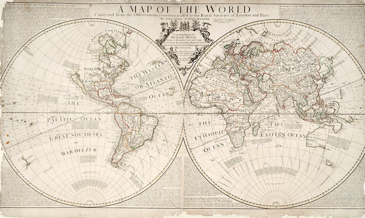 En världskarta, korrigerad utifrån de observationer som meddelats Royal Societies of London and Paris, till Right Honourable Richard Boyle, 1711 (färggravyr) av John Senex