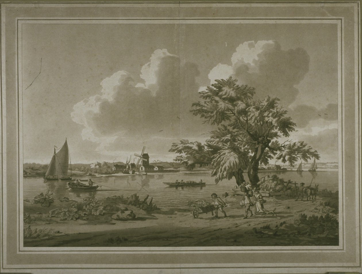 Figurer som transporterar grönsaker längs stranden av Themsen (akvatint) av John the Elder Cleveley