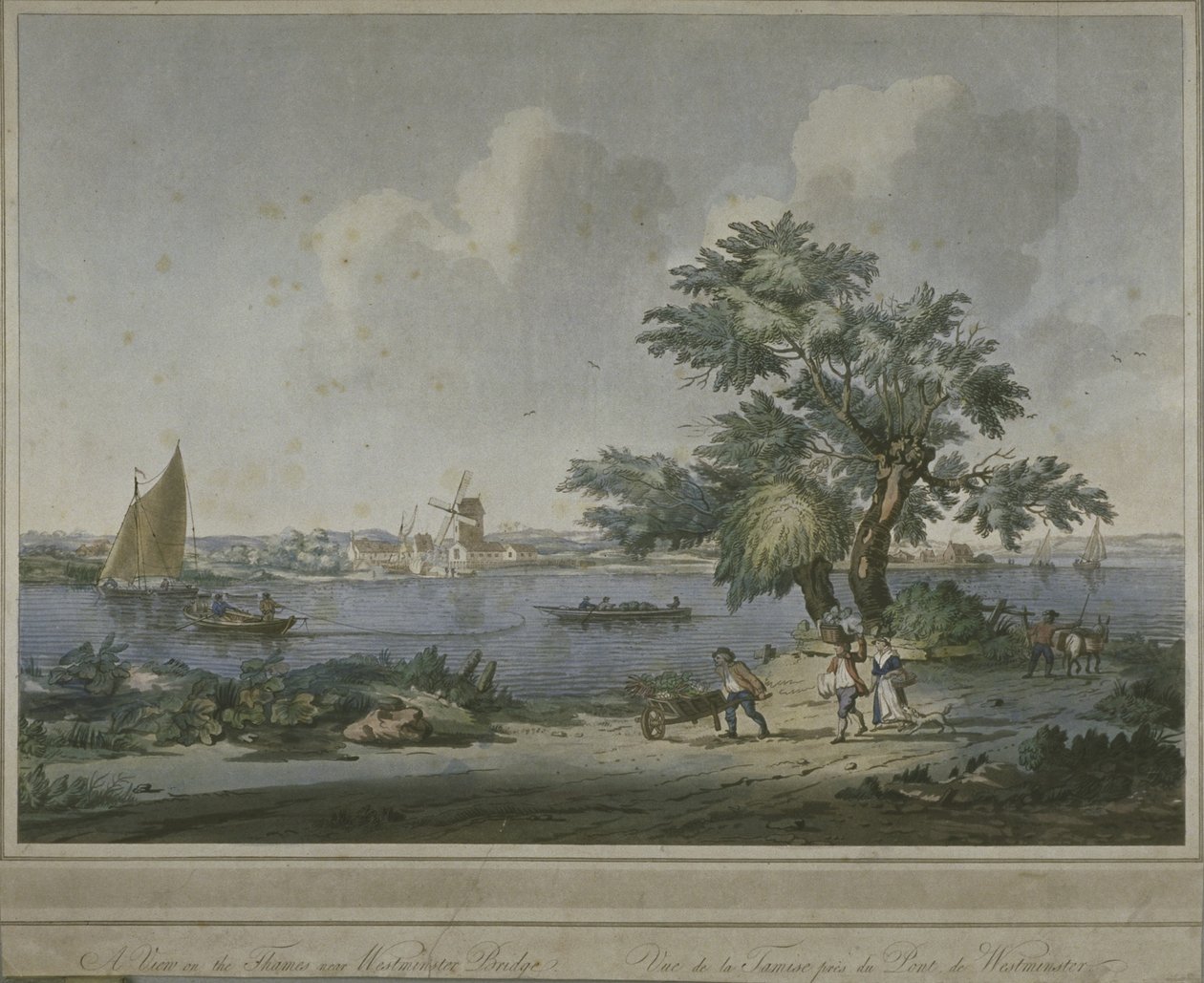 Figurer som transporterar grönsaker längs floden Themsens strand, 1787 (akvatint) av John the Elder Cleveley