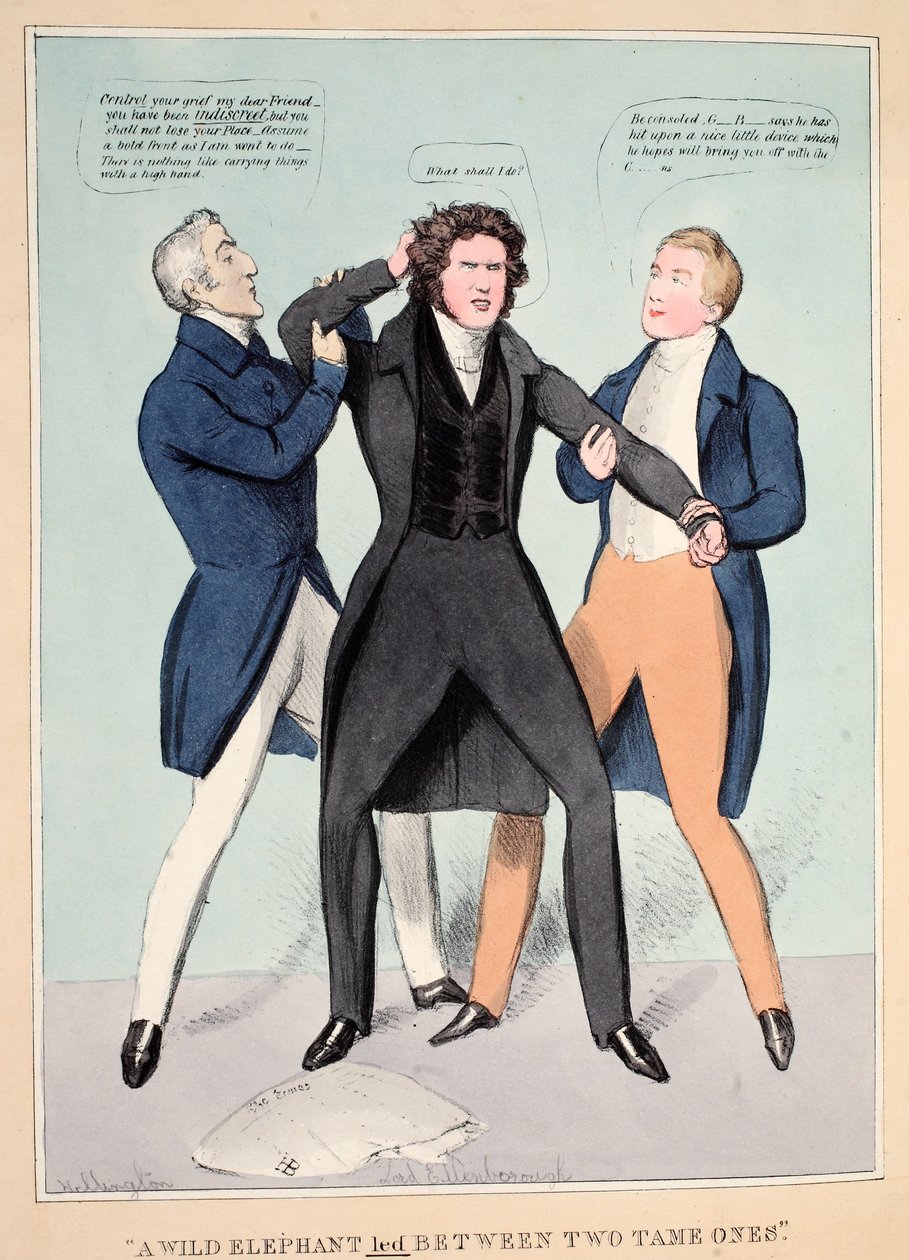 "En vild elefant ledde mellan två tama", pub. 1830 (handfärgad gravyr) av John  Doyle