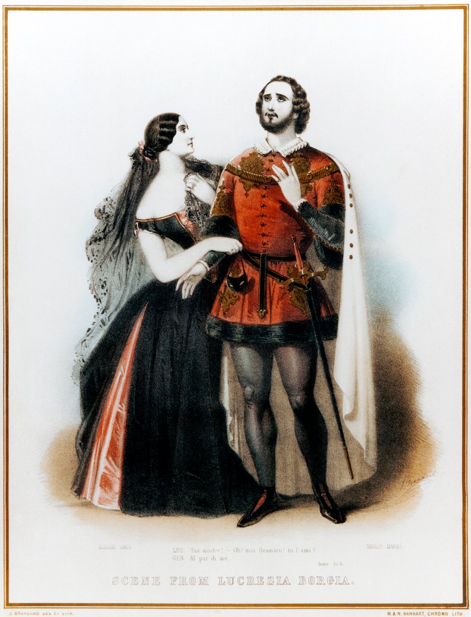 Gaetano Donizettis Opera Lucrezia Borgia - Introduktion till Scene II med Mario (italiensk tenor: 1810-1883) och Grisi (1811-1869) i London, HM Theatre Production, 6 juni av John (after) Brandard