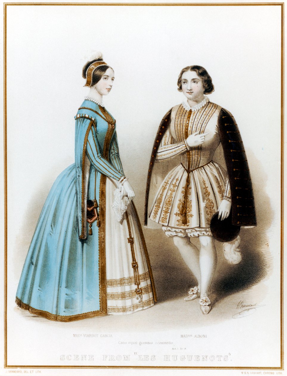 Pauline Viardot-Garcia, fransk mezzosopran och kompositör av spansk börd, & Marietta Alboni, italiensk kontralto, i akt I, scen 9 av Meyerbeers Les Huguenots av John (after) Brandard