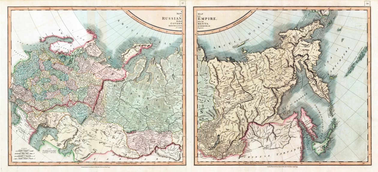 Karta över det ryska imperiet uppdelat i dess regeringar par Cary, John (ca 1754-1835). Etsning, akvarell av John (after) Cary