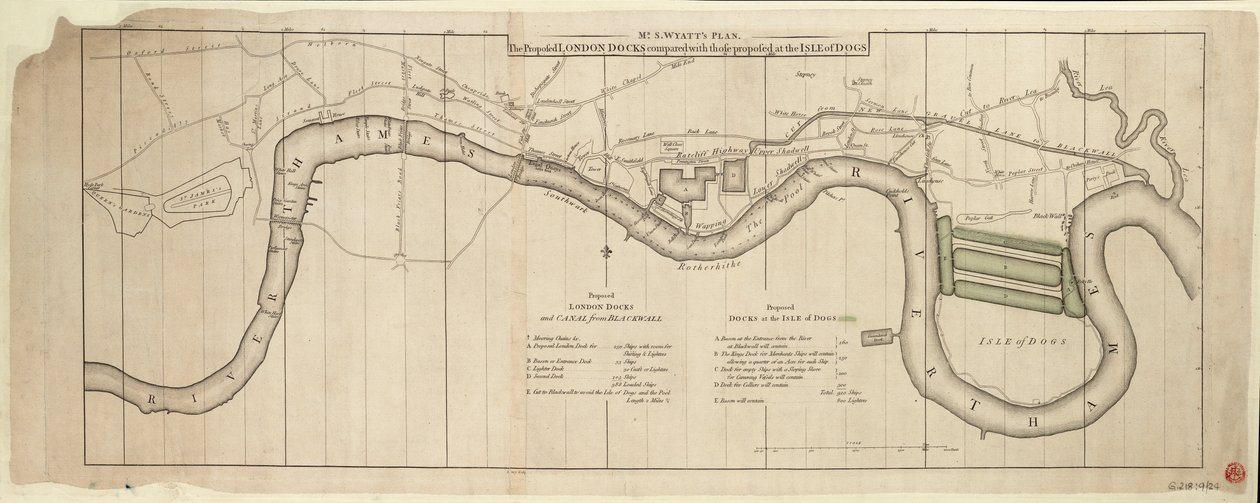 Mr S. Wyatts plan, den föreslagna hamnen i London jämfört med den föreslagna hamnen på Isle of Dogs av John (after) Cary