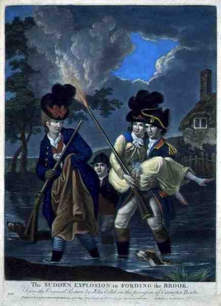 En plötslig explosion i Fording the Brook, pub. av Carington Bowles (fl.1744-93) (mezzotintgravyr) av John (after) Collet