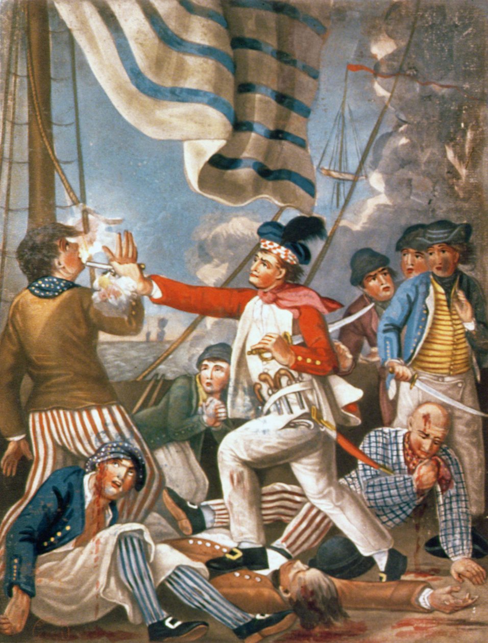 John Paul Jones skjuter en sjöman som hade försökt slå sina färger på en förlovning, pub. av Carrington Bowles av John (after) Collet