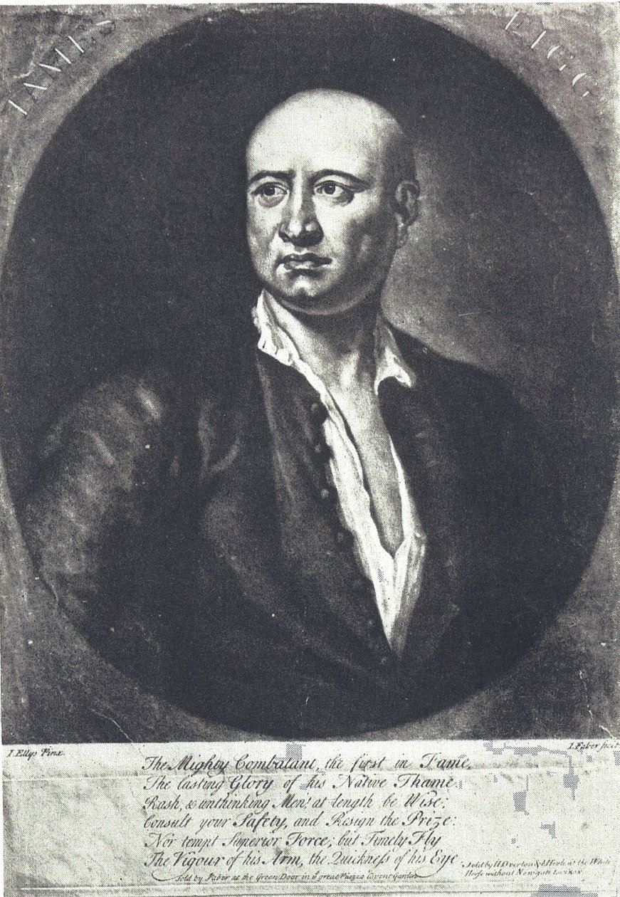 James Figg, första engelske mästare i barkknoga boxning, död 1734 (gravyr) av John (after) Ellys