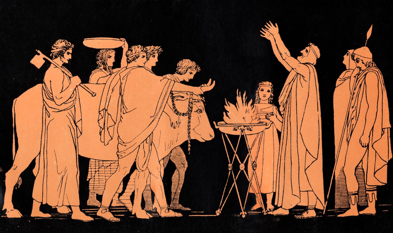 Nestor, kung av Pylos och tidigare krigare i trojanska kriget, offrar tjurar till Poseidon, scen ur "Odysséen" av Homeros (tryck) av John (after) Flaxman