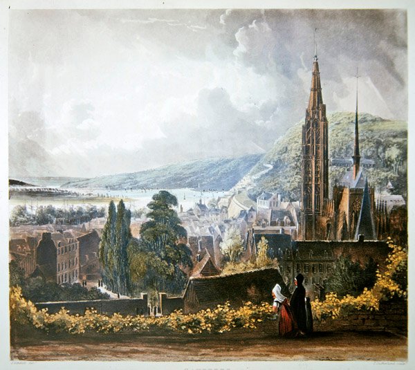 Caudebec, från "Views on the Seine", graverad av Thomas Sutherland (f.1785), utgiven av R. Ackermann (1764-1834) 1821 (litografi i färg). av John (after) Gendall