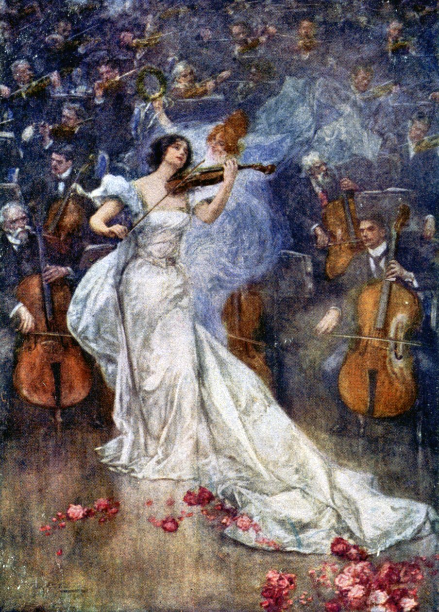 Musik. En violinkonsert. Illustration av Gulich, Tjeckien, ca 1900 (vykort) av John (after) Gulich
