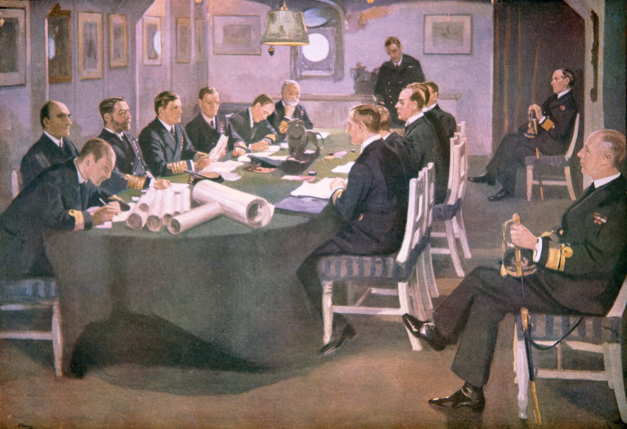 Amiral Sir David Beatty läser upp villkoren för vapenstilleståndet för de tyska delegaterna ombord på HMS Queen Elizabeth på Rosyth av John (after) Lavery