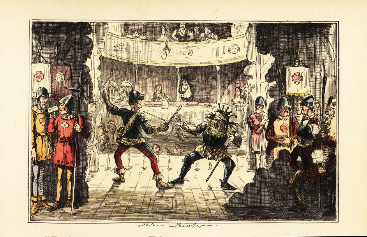 Skådespelare som spelar Henry Tudor slåss mot kung Richard III av England på scen i en teater av John (after) Leech