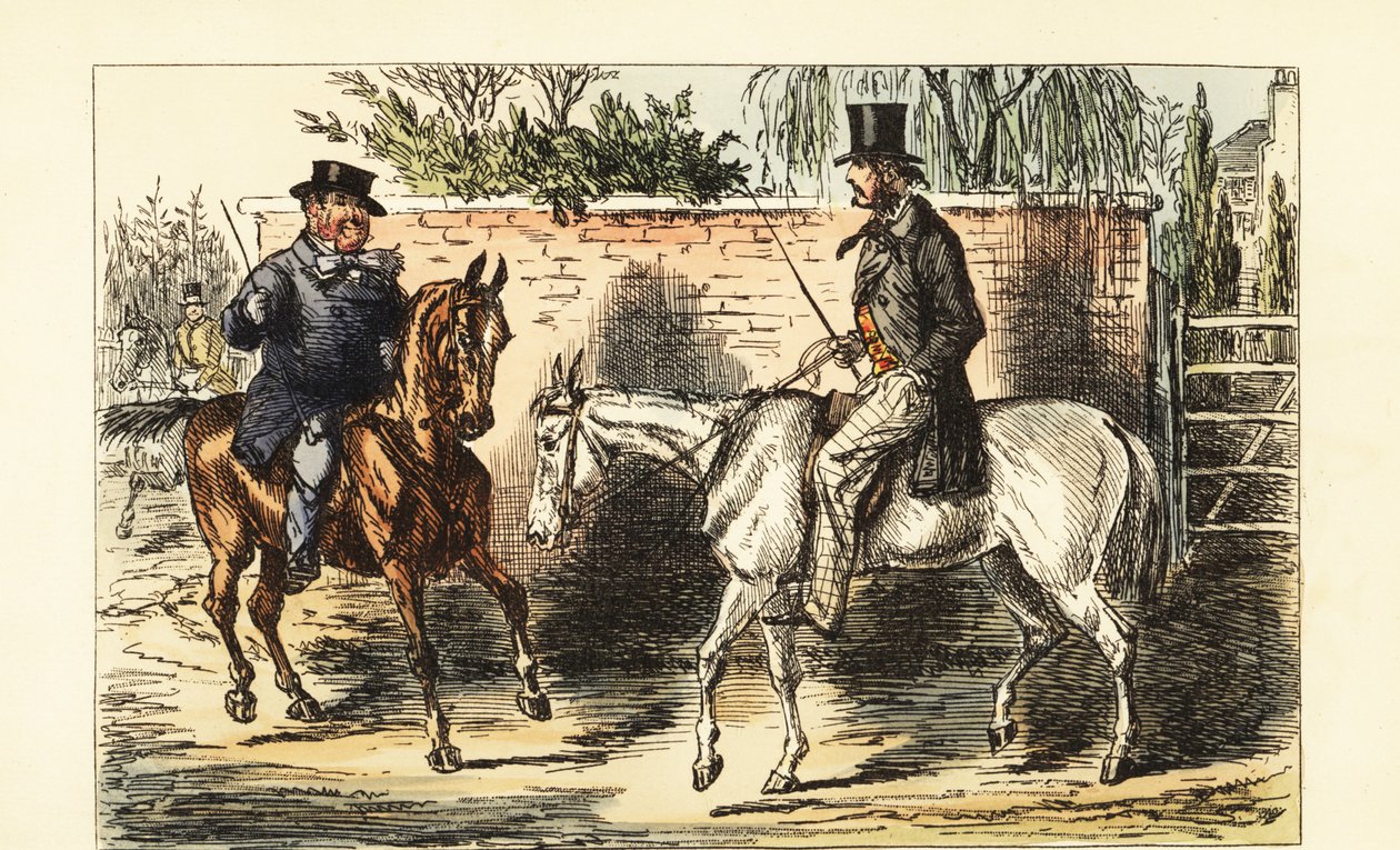 Engelsk gentleman på ett gammalt tjat som avvisats av en man på en bukhäst av John (after) Leech