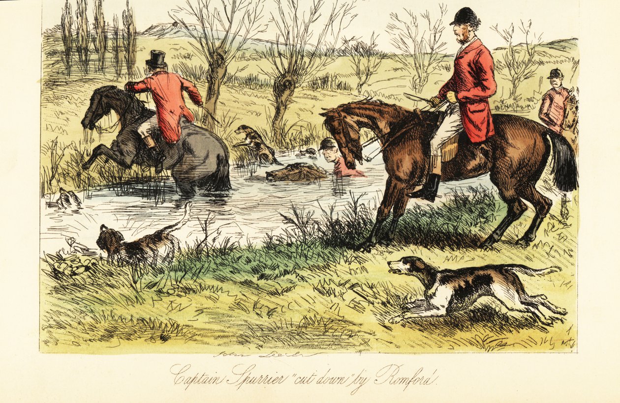 Engelsk jägare som vadar en flod med rävhundar av John (after) Leech