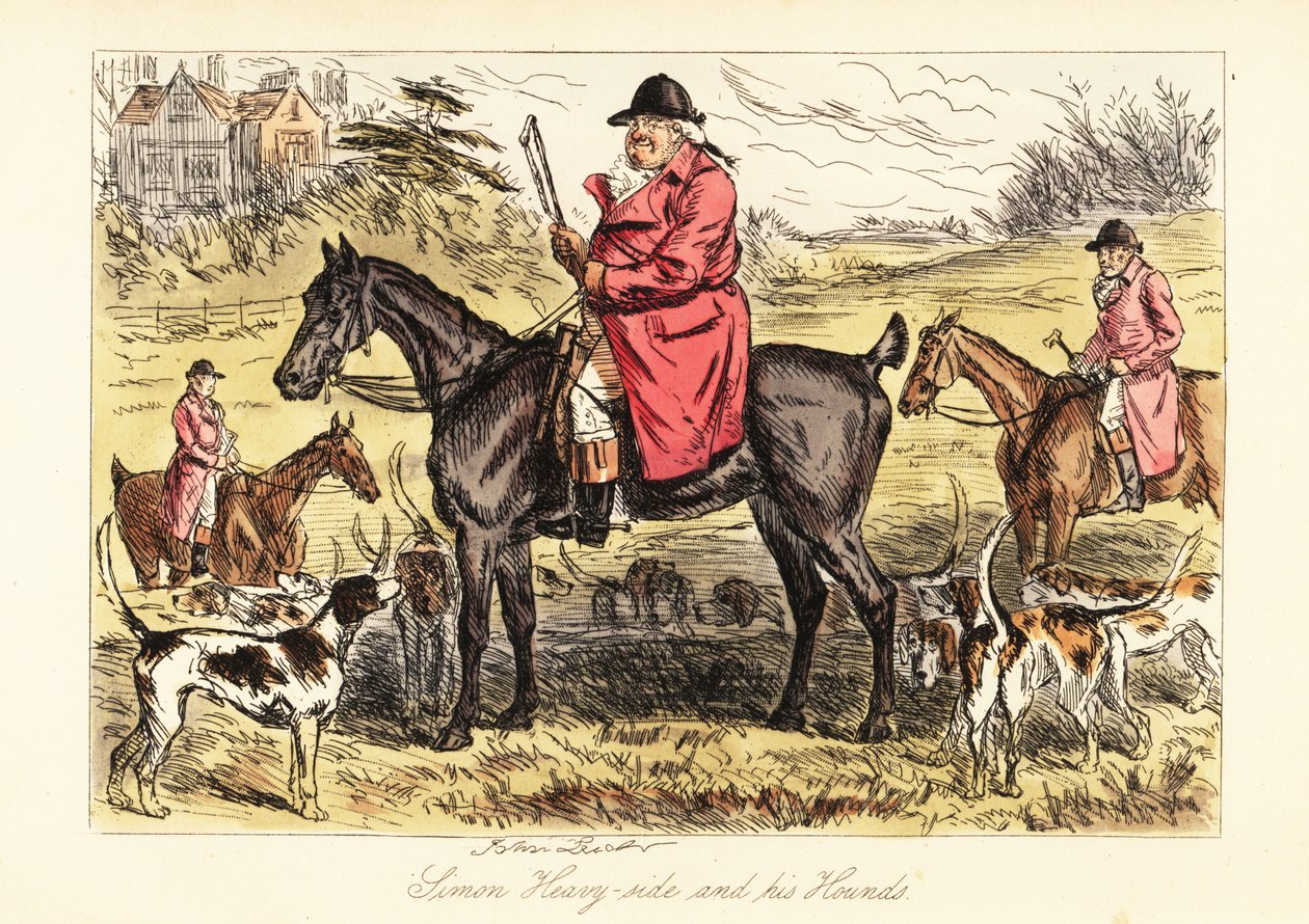Engelsk jägare i jaktrosa sitter på en häst med en flock rävhundar av John (after) Leech