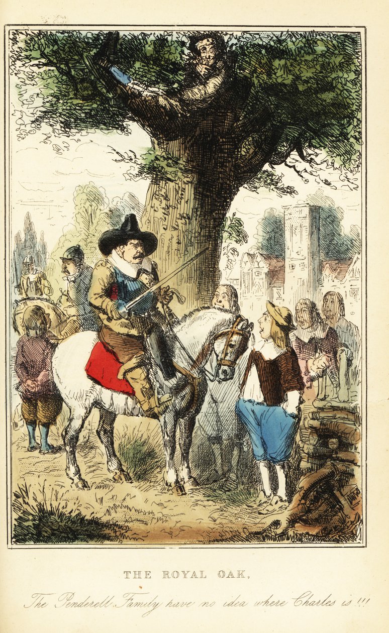 Kung Charles II gömmer sig i en ek i Boscobel Wood, efter slaget vid Worcester av John (after) Leech