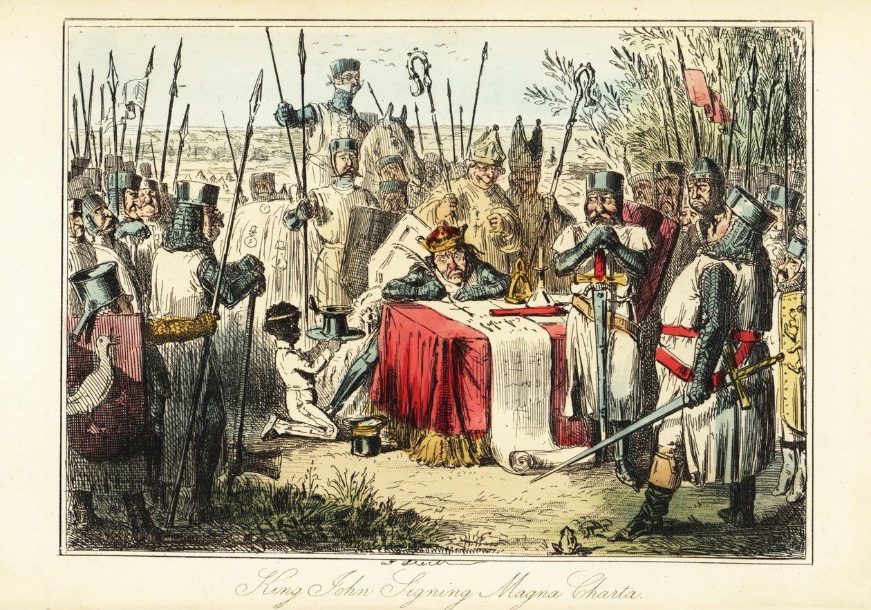 Kung John omgiven av baroner och biskopar som undertecknade Magna Carta vid Runnymede av John (after) Leech