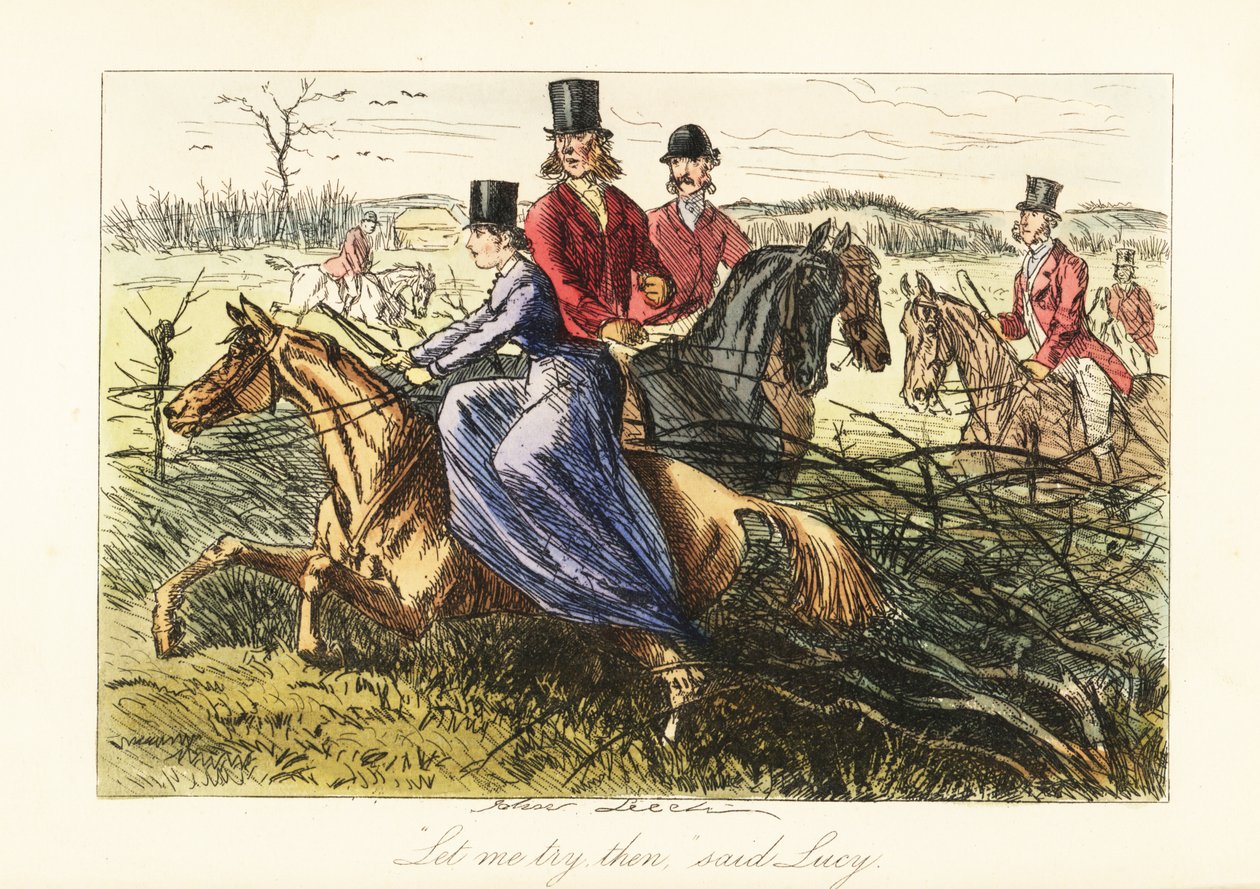Lady rider sidosadel på en häst som fastnat i ett staket under en rävjakt av John (after) Leech