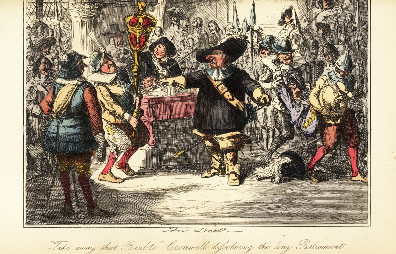 Oliver Cromwell tog bort mackan från Commons Chamber och upplöste Rump Parliament 1653 av John (after) Leech