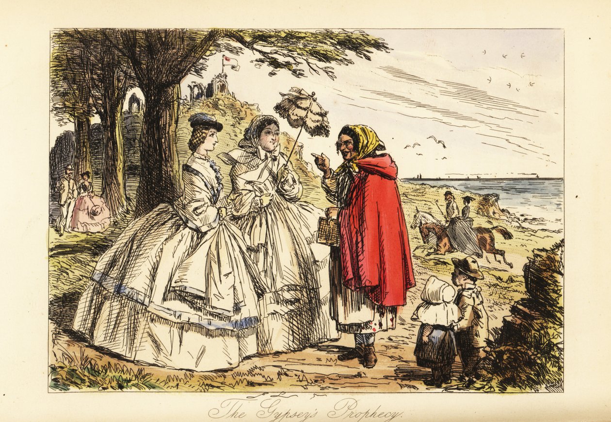 Rosa McDermott och hennes mamma hör en profetia från en romsk spåkvinna under en promenad av John (after) Leech