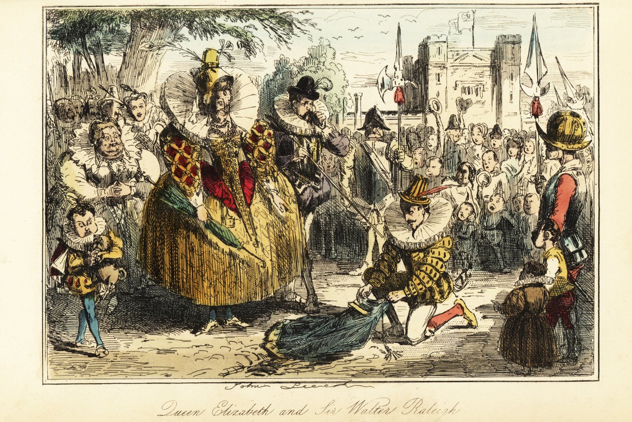 Sir Walter Raleigh lägger sin cape över en pöl för drottning Elizabeth I i Greenwich av John (after) Leech