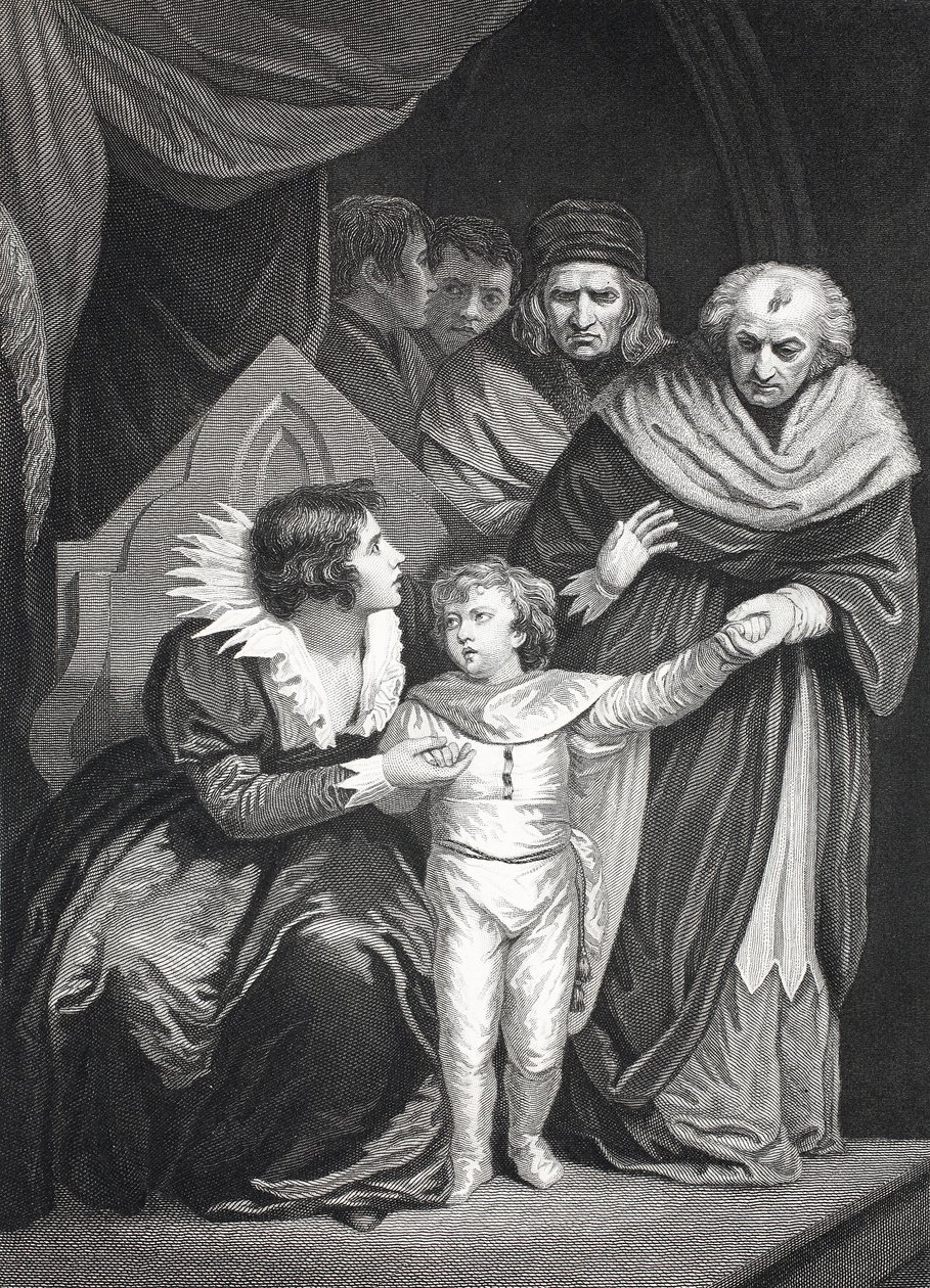 Elizabeth Woodville överlämnar sin son (litho) av John (after) Opie