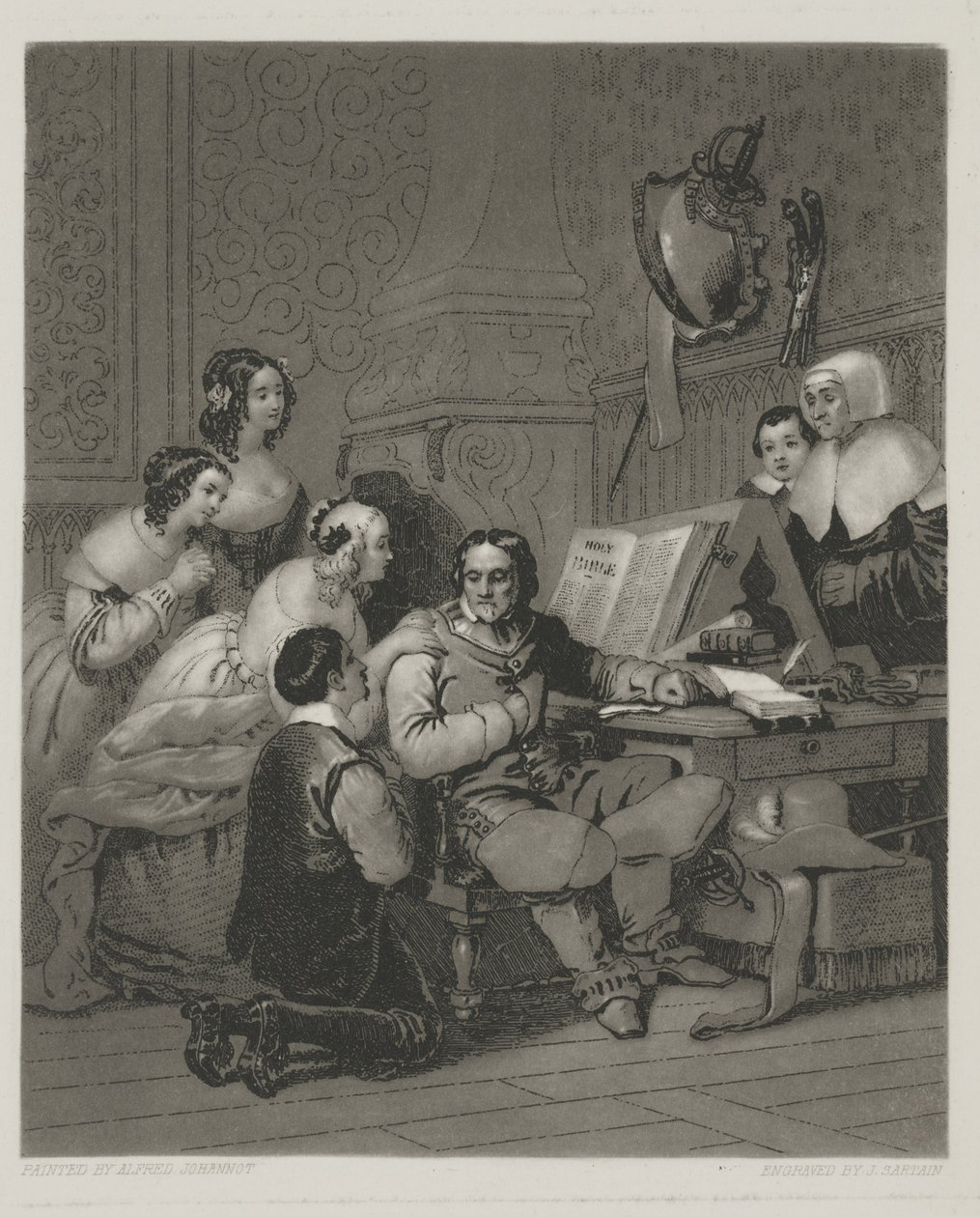 The Family of Cromwell interceding for The Life of Charles I, tryck gjord av Alfred Johannot (mezzotint) av John (after) Sartain
