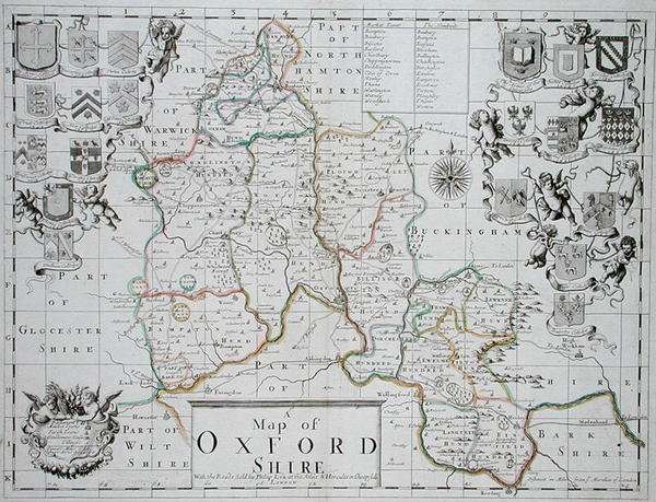 Karta över Oxfordshire, graverad och handfärgad av John Oliver och Richard Palmer, publicerad av Philip Lea, c.1690 (färggravyr) av John (after) Sellar