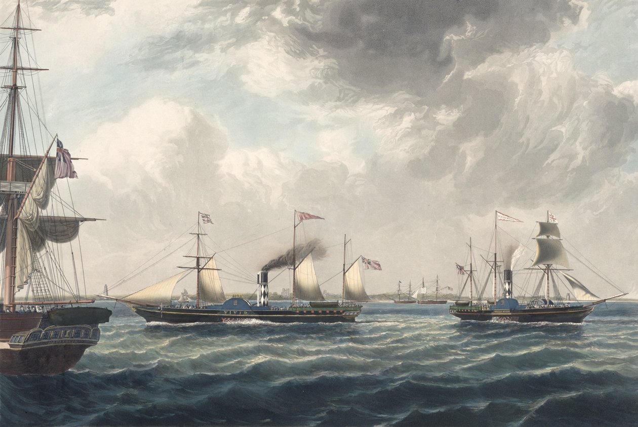 Ångfartygen "Vivid" och "Waterwitch" utanför Orfordness, graverat av R. G. Reeve (färgad akvatint) av John (after) Ward