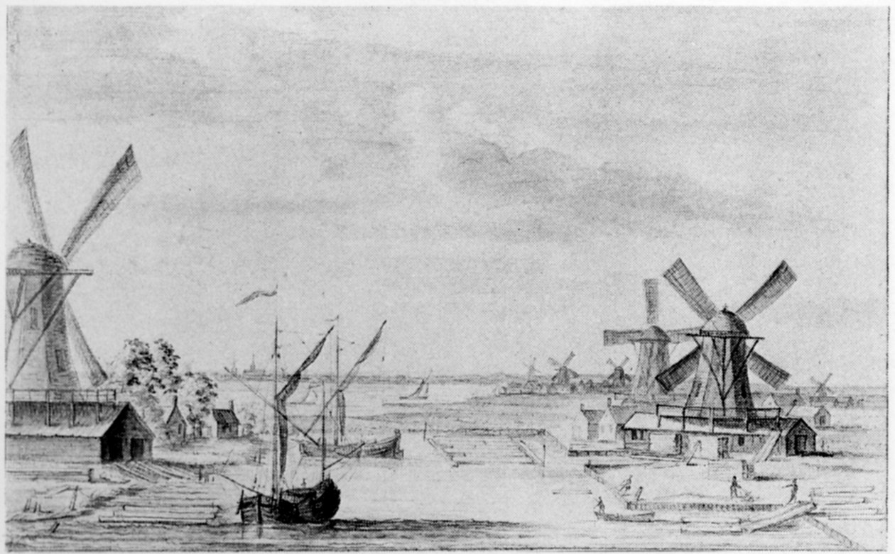 Utsikt över träsågverken vid Zaan, staden Zaandam bortom (penna, krita & tvätt på papper) av John (attr. to) Greenwood