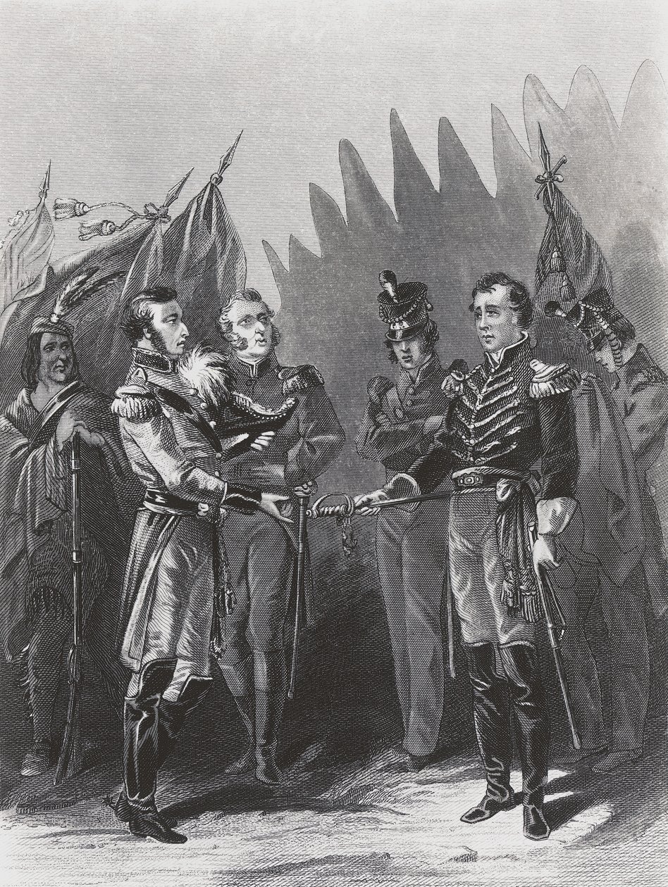 Den amerikanske generalen William Hulls kapitulation till brittiska trupper och indiankrigare i Detroit, 15 juli av Walter Charles Mills