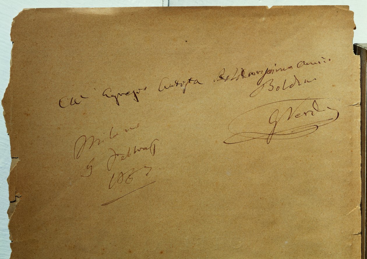 Autograferad dedikation av Giuseppe Verdi (1813-1901) till Giovanni Boldini (1842-1931) av Walter Charles Mills