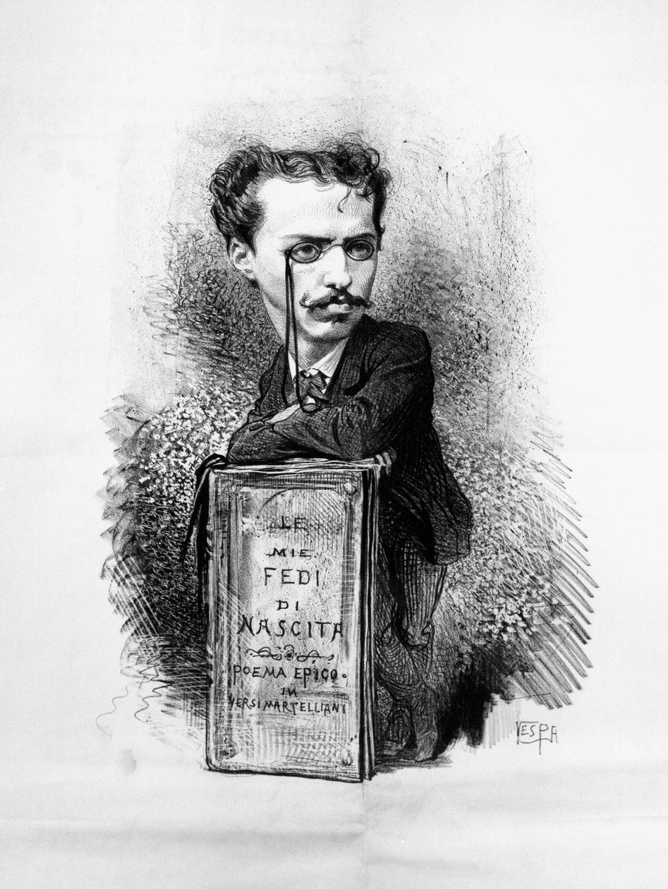 Karikatyrporträtt av Felice Carlo Emanuele Cavallotti (1842-1898), italiensk poet, dramatiker, vänsterorienterad, antimonarkistisk journalist, patriot och politisk ledare, gravyr av Walter Charles Mills