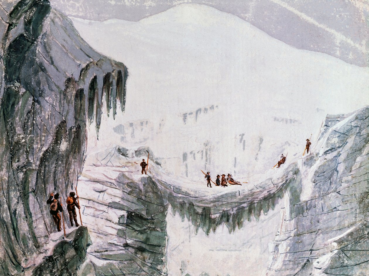 Klättring Mont Blanc, klättrare suspenderade från springa, akvarell, Frankrike av Walter Charles Mills