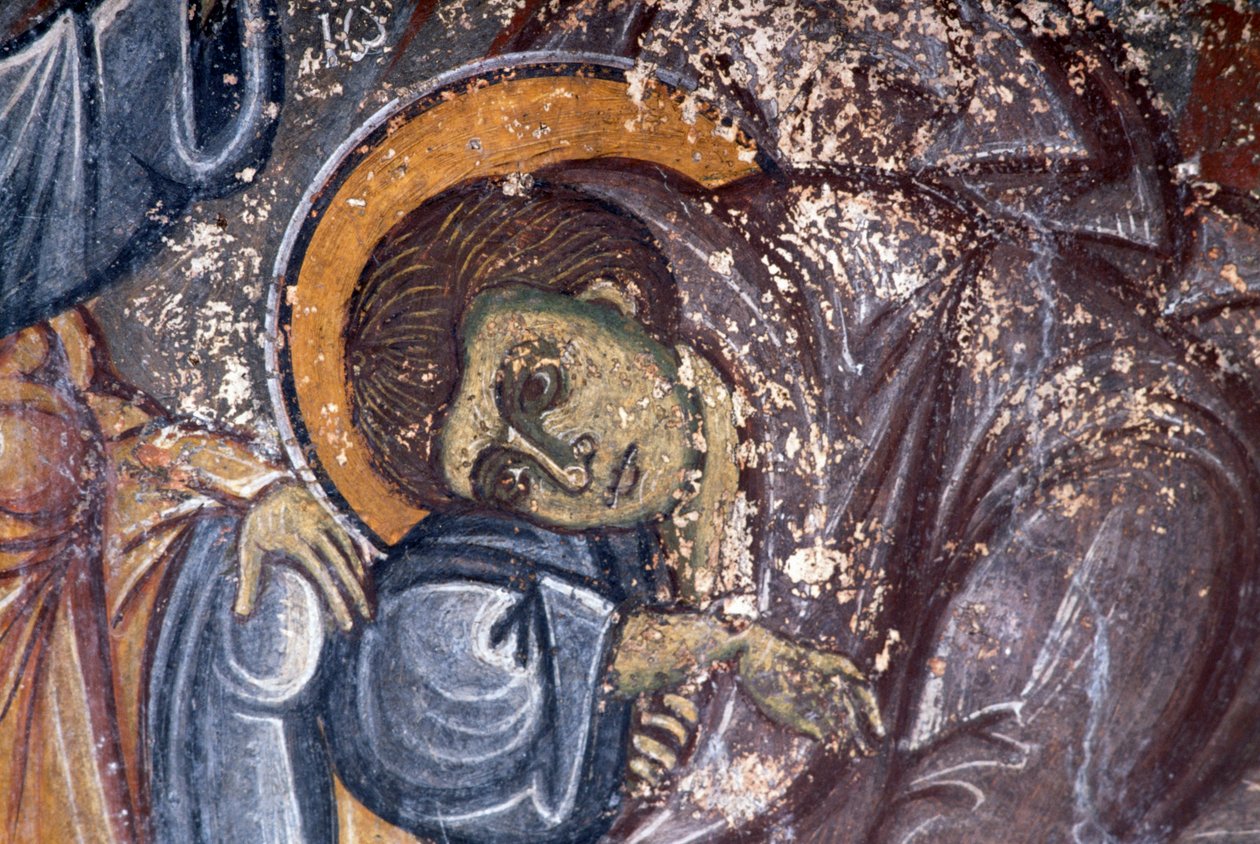 Helgonfigur, av Ioannis Pagomenos, detalj av fresk i den bysantinska kyrkan St George, Anidri, Kreta, Grekland (foto) av Walter Charles Mills